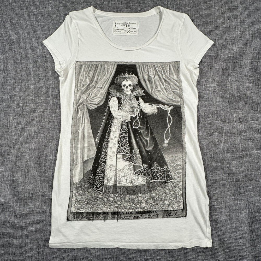 AllSaints x Laurie Lipton Queens of Bones Tee Womens 12 White Skeleton Graphic - Picture 2 of 11